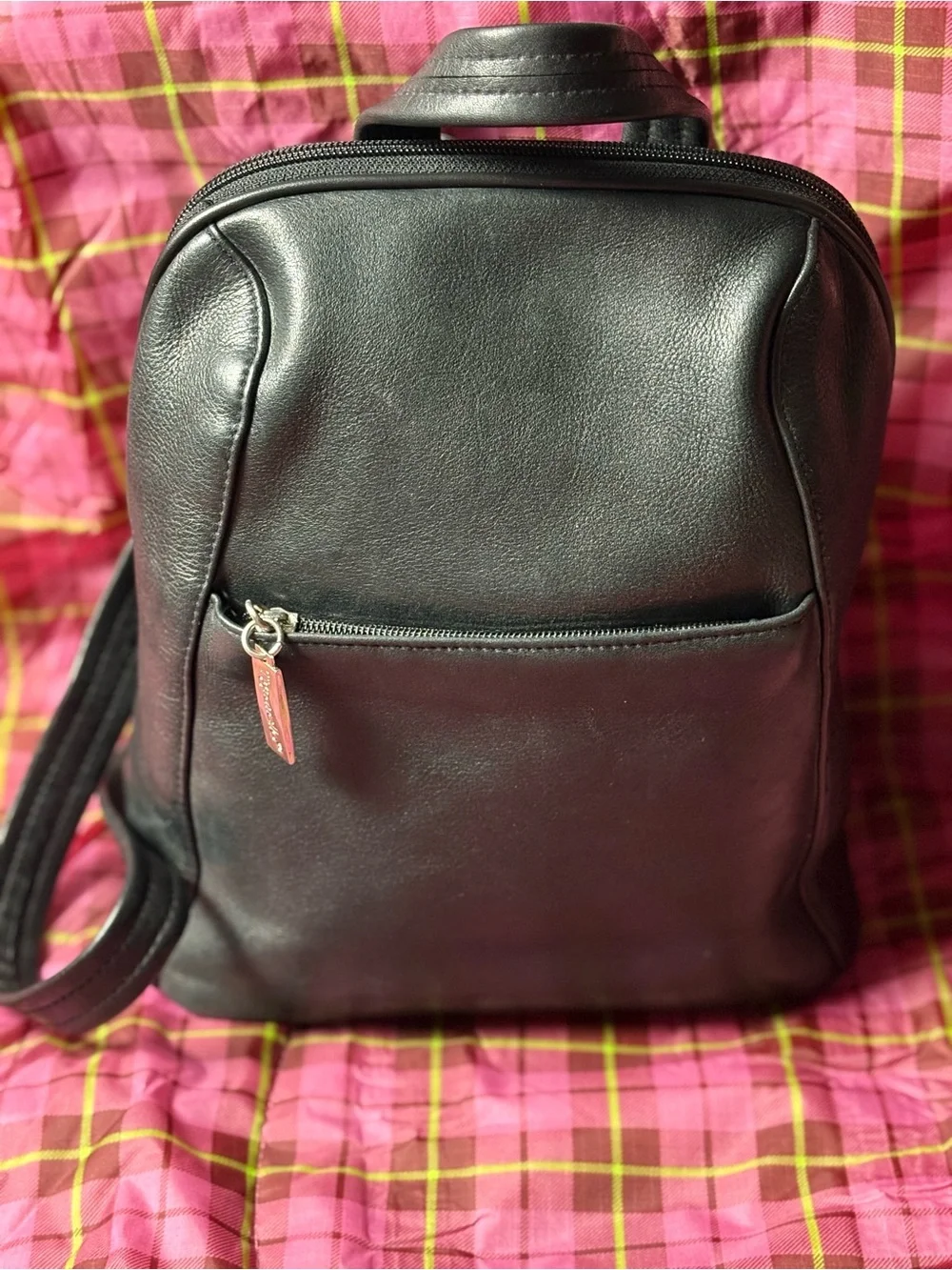 Tignanello Black Leather Mini Backpack with Branded Zip Pull